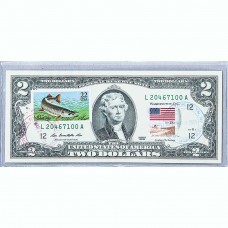 Банкнота США 2 доллара 2009 с печатью USPS, рыба щука, Gem UNC