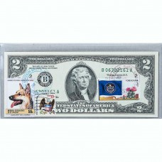 Банкнота США 2 доллара 2009 с печатью USPS, собака овчарка, Gem UNC