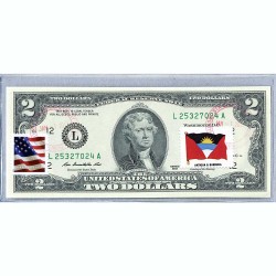 Банкнота США 2 доллара 2013 с печатью USPS, флаг Антигуа и Барбуды, Gem UNC