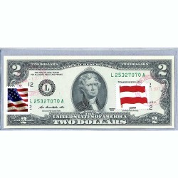 Банкнота США 2 доллара 2013 с печатью USPS, флаг Австрии, Gem UNC