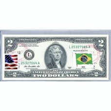 Банкнота США 2 доллара 2013 с печатью USPS, флаг Бразилии, Gem UNC Банкнота США 2 доллара 2013 с печатью USPS, флаг Бразилии, Gem UNC