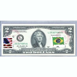 Банкнота США 2 доллара 2013 с печатью USPS, флаг Бразилии, Gem UNC
