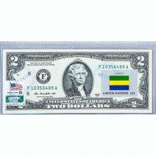 Банкнота США 2 доллара 2013 с печатью USPS, флаг Габона, Gem UNC Банкнота США 2 доллара 2013 с печатью USPS, флаг Габона, Gem UNC