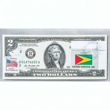 Банкнота США 2 доллара 2013 с печатью USPS, флаг Гайаны, Gem UNC Банкнота США 2 доллара 2013 с печатью USPS, флаг Гайаны, Gem UNC