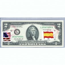 Банкнота США 2 доллара 2013 с печатью USPS, флаг Испании-01, Gem UNC Банкнота США 2 доллара 2013 с печатью USPS, флаг Испании-01, Gem UNC