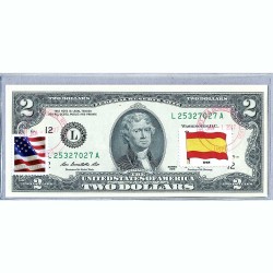 Банкнота США 2 доллара 2013 с печатью USPS, флаг Испании, Gem UNC
