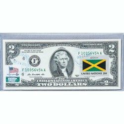 Банкнота США 2 доллара 2013 с печатью USPS, флаг Ямайки, Gem UNC