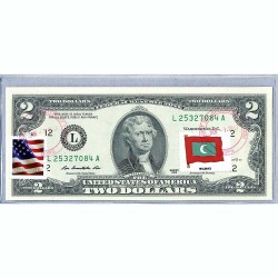 Банкнота США 2 доллара 2013 с печатью USPS, флаг Мальдив-01, Gem UNC