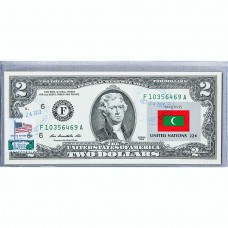 Банкнота США 2 доллара 2013 с печатью USPS, флаг Мальдив, Gem UNC Банкнота США 2 доллара 2013 с печатью USPS, флаг Мальдив, Gem UNC