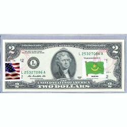 Банкнота США 2 доллара 2013 с печатью USPS, флаг Мавритании-01, Gem UNC