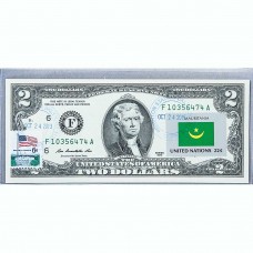 Банкнота США 2 доллара 2013 с печатью USPS, флаг Мавритании, Gem UNC Банкнота США 2 доллара 2013 с печатью USPS, флаг Мавритании, Gem UNC
