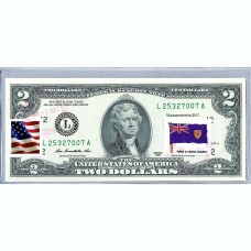 Банкнота США 2 доллара 2013 с печатью USPS, флаг Островов Теркс и Кайкос, Gem UNC Банкнота США 2 доллара 2013 с печатью USPS, флаг Островов Теркс и Кайкос, Gem UNC