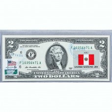 Банкнота США 2 доллара 2013 с печатью USPS, флаг Перу, Gem UNC Банкнота США 2 доллара 2013 с печатью USPS, флаг Перу, Gem UNC