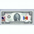 Банкнота США 2 доллара 2013 с печатью USPS, флаг Румынии-01, Gem UNC Банкнота США 2 доллара 2013 с печатью USPS, флаг Румынии-01, Gem UNC