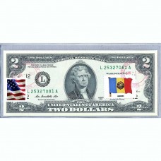 Банкнота США 2 доллара 2013 с печатью USPS, флаг Румынии-01, Gem UNC Банкнота США 2 доллара 2013 с печатью USPS, флаг Румынии-01, Gem UNC