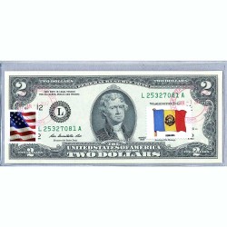 Банкнота США 2 доллара 2013 с печатью USPS, флаг Румынии-01, Gem UNC