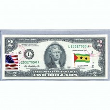 Банкнота США 2 доллара 2013 с печатью USPS, флаг Сан-Томе и Принсипи, Gem UNC Банкнота США 2 доллара 2013 с печатью USPS, флаг Сан-Томе и Принсипи, Gem UNC
