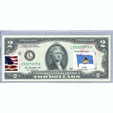 Банкнота США 2 доллара 2013 с печатью USPS, флаг Сент Люсии, Gem UNC Банкнота США 2 доллара 2013 с печатью USPS, флаг Сент Люсии, Gem UNC