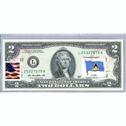 Банкнота США 2 доллара 2013 с печатью USPS, флаг Сент Люсии, Gem UNC