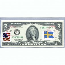 Банкнота США 2 доллара 2013 с печатью USPS, флаг Швеции, Gem UNC Банкнота США 2 доллара 2013 с печатью USPS, флаг Швеции, Gem UNC
