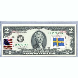Банкнота США 2 доллара 2013 с печатью USPS, флаг Швеции, Gem UNC