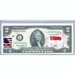 Банкнота США 2 доллара 2013 с печатью USPS, флаг Сингапура, Gem UNC