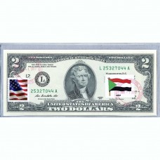 Банкнота США 2 доллара 2013 с печатью USPS, флаг Судана, Gem UNC Банкнота США 2 доллара 2013 с печатью USPS, флаг Судана, Gem UNC