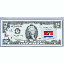 Банкнота США 2 доллара 2013 с печатью USPS, флаг Свазиленда, Gem UNC
