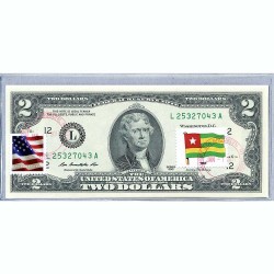 Банкнота США 2 доллара 2013 с печатью USPS, флаг Того, Gem UNC